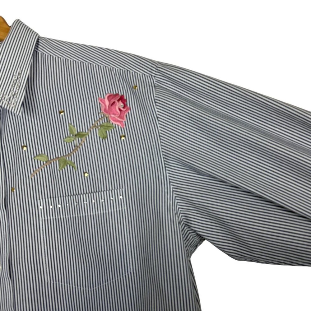 Cactus California Vtg 90s Shirt Women’s L/XL Blue White Stripe Embroidered Rose - Picture 9 of 14